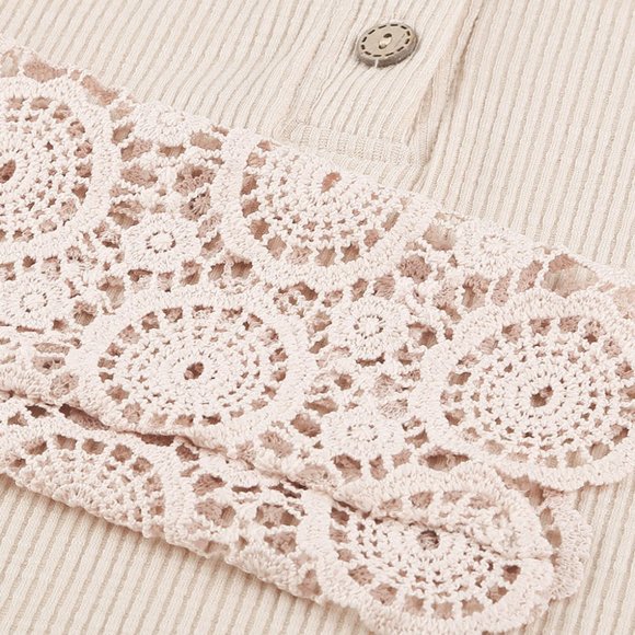 1 Left! Beige Button Top w/Crochet Lace Sleeve Hem - Picture 10 of 12